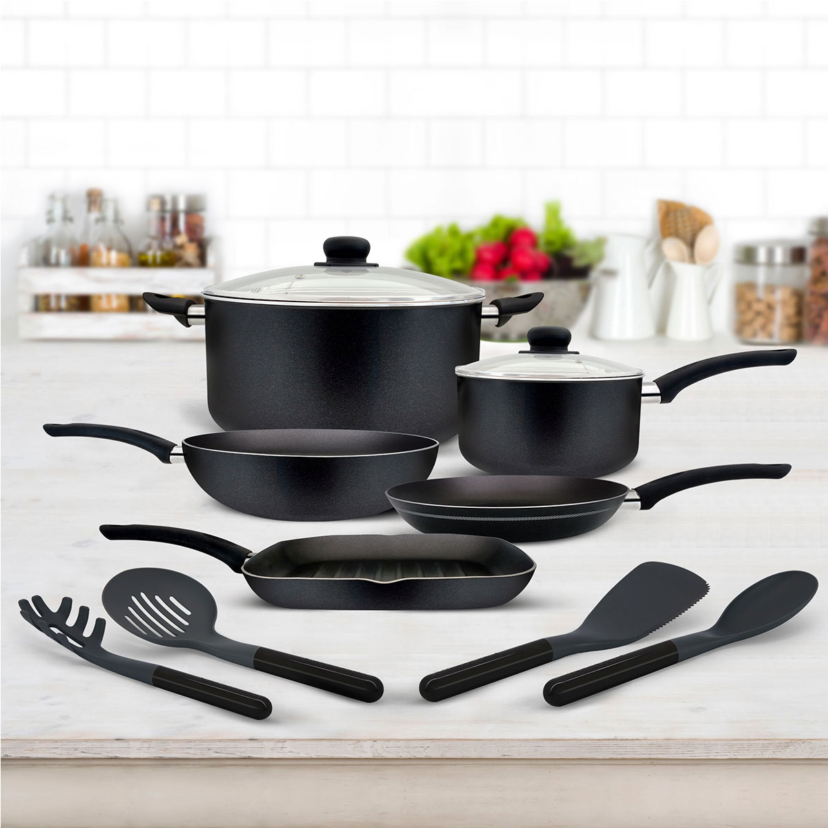 Rossetti® Milano 20 Piece Made in Italy Quality Cookware Set Collezione  Non Stick Dishwasher Safe PFOA free Metallic Black Cooking Set