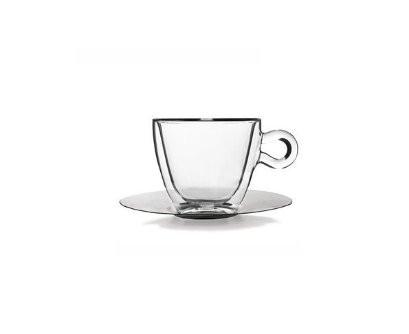 A10083S0102AA001 Luigi Thermic Clear Double Wall Glass Espresso Cups with Stainless Steel Saucers 85ml (Pack of 2) - Image 1