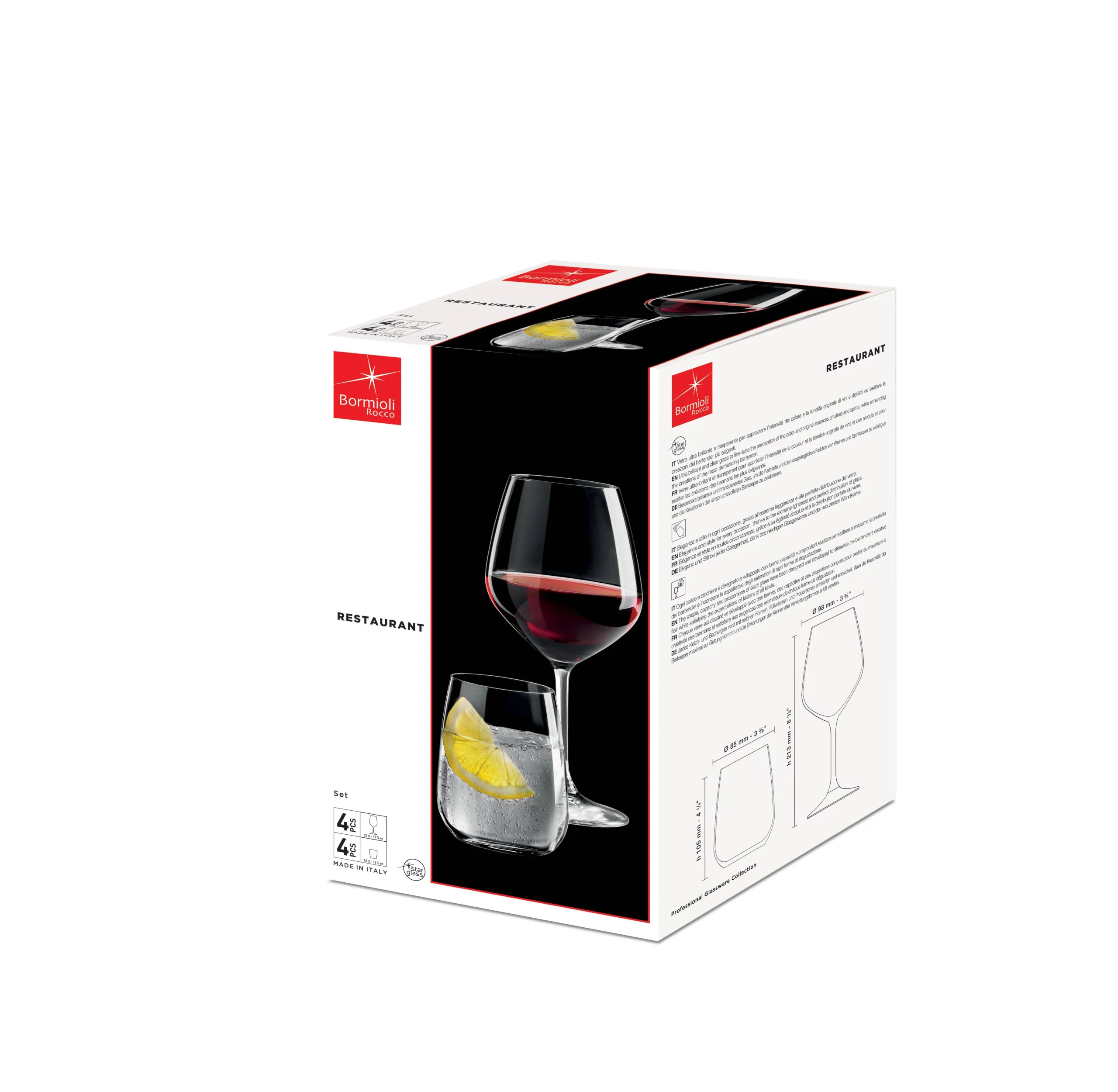 Bormioli Rocco Restaurant 8 Pieces Glassware Set Restaurant 8 Pieces Glassware Set (4 Drinking Glasses 430ml and 4 Wine Glasses 530ml) - Image 1