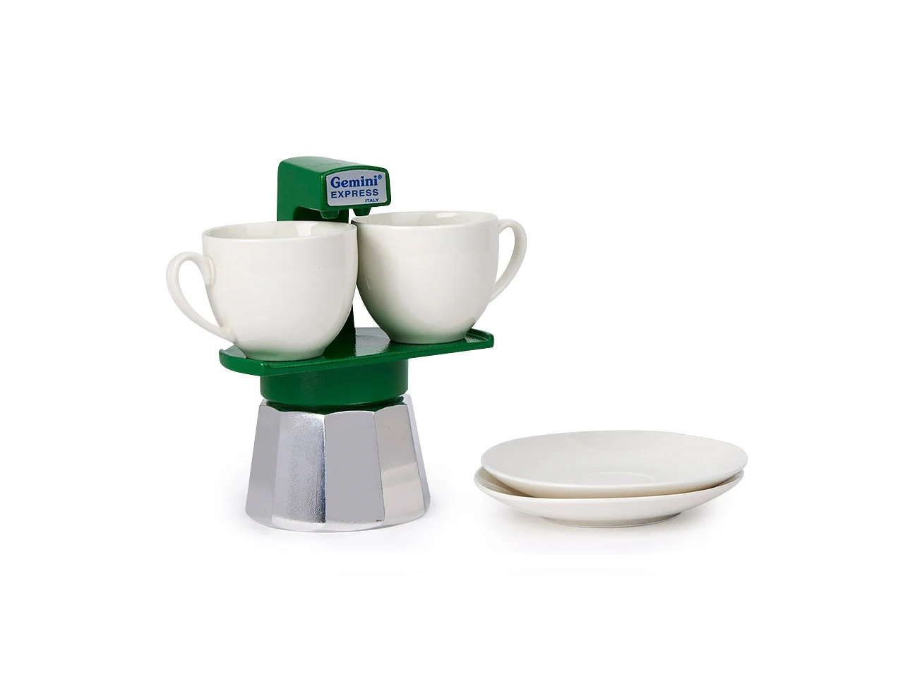 S1_V_M Gemini Green Espresso Moka Pot 3 Cup with 2 Espresso Cups & Saucer Set - Image 1